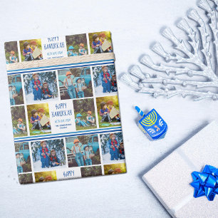 Papier Cadeau Happy Hanoukka Photo Collage Beau bleu personnalis