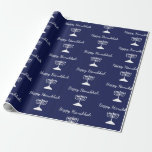 Papier Cadeau Happy Hanoukka Simple Menorah Motif Bleu<br><div class="desc">Happy Hanoukka Blue Holiday papier d'emballage,  avec un simple motif de menorah blanc et la conception de typographie de script. Avec des lettres personnalisables en blanc,  vous pouvez ajouter vos propres informations. Un objet de fête pour envoyer des cadeaux spéciaux cette saison.</div>
