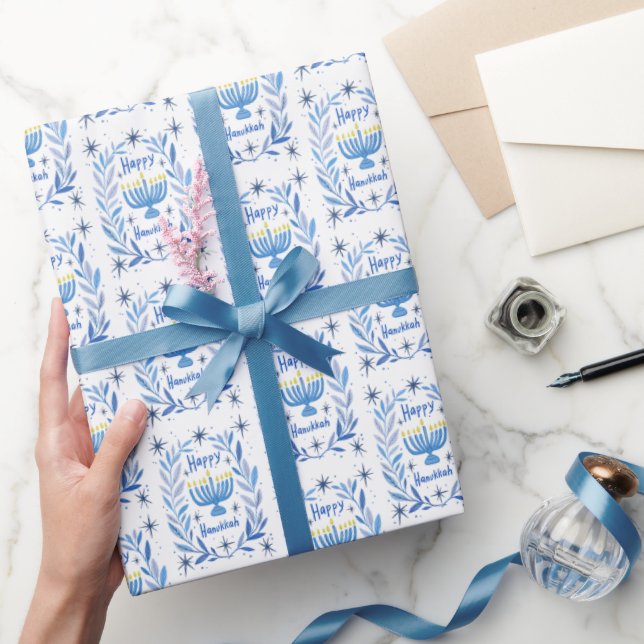 Papier Cadeau Happy Hanukkah Botanical Menorah Watercolor (Cadeaux)