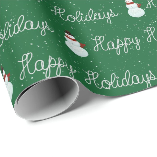 Papier Cadeau Happy Holidays bonhomme de neige et texte de corde (Coin rond)