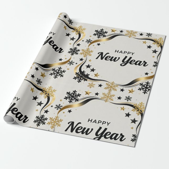 Papier Cadeau Happy New Year Black and Gold Snowflake  (Déroulé)