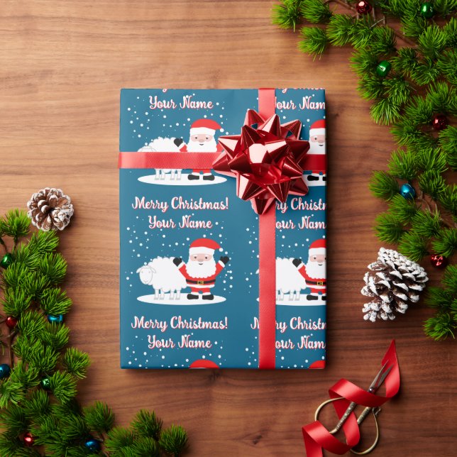 Papier Cadeau Happy Santa Claus cartoon with sheep Christmas (Cadeau de vacances)