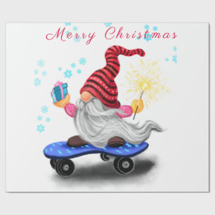 Papier Cadeau Happy Skater Gnome avec des cadeaux et Sparkler - 