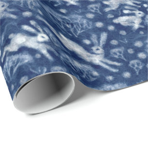Papier Cadeau Hares Neige Champ Blanc lapins Motif d'hiver Bleu