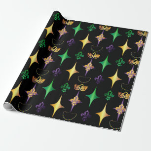 Papier Cadeau Harlequins Perles Masque Fleur de Lis Mardi Gras