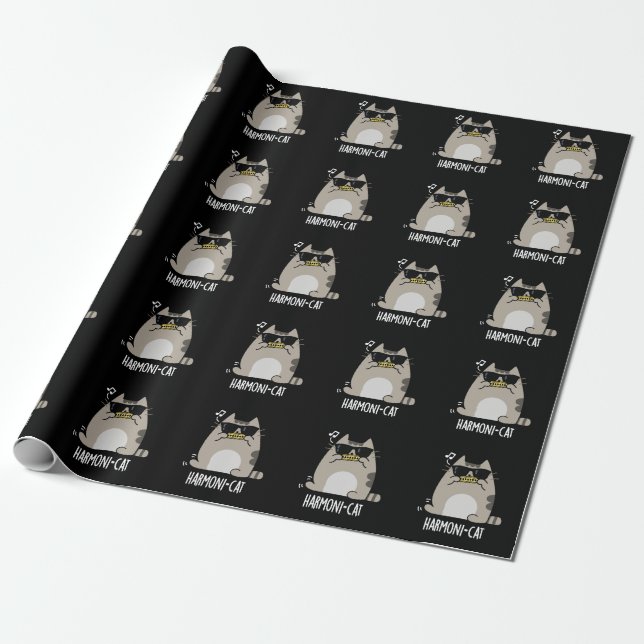 Papier Cadeau Harmoni cat Funny Harmonica Cat Pun Dark BG (Déroulé)
