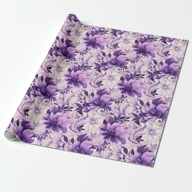 Papier Cadeau Harmonie élégante : Violette et Fleurs blanches (Déroulé)