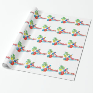 Papier Cadeau Hawaii avec Palmiers, Fleurs et Surfboard