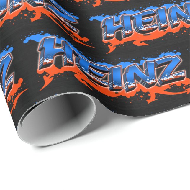 Papier Cadeau Heinz prénom nom graffiti bleu orange (Coin rond)