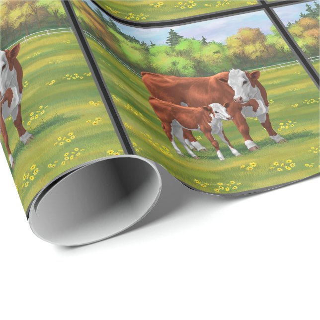 Papier Cadeau Hereford Cow & Cute Calf dans les pâturages d'été (Coin rond)