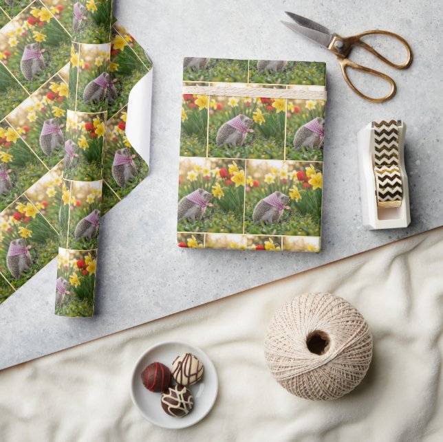 Papier Cadeau Hérisson reniflant un narcisse jaune (Artisanat)