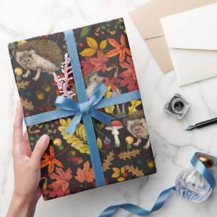 Papier Cadeau Hérissons et flore de forêt automnale sur fond noi