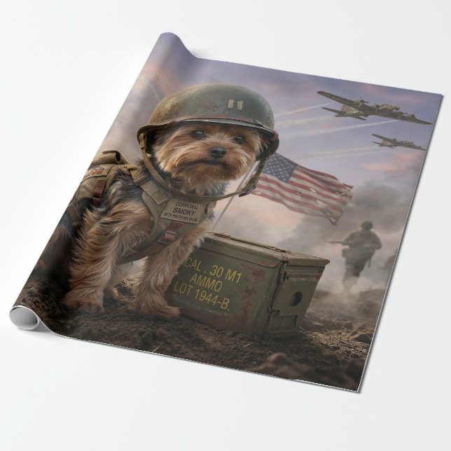 Papier Cadeau Heroic Yorkie "Corporal Smoky" WWII Military Art  (Déroulé)