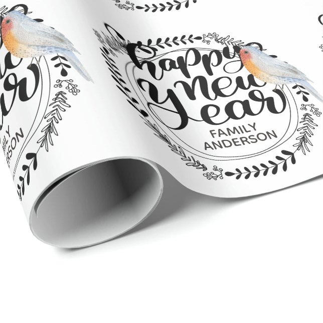 Papier Cadeau HEUREUSE NOUVELLE ANNÉE Festive Robin d'hiver Pers (Coin rond)