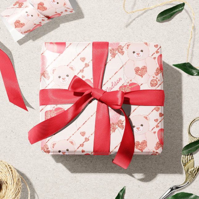 Papier Cadeau Heureuse Sainte-Valentin Teddy Bear Motif sur rose (Créateur téléchargé)