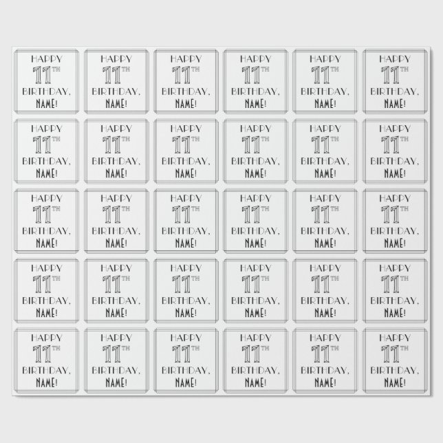 Papier Cadeau HEUREUX 11E ANNIVERSAIRE ; Style Art Déco ; Nom pe (Plat)