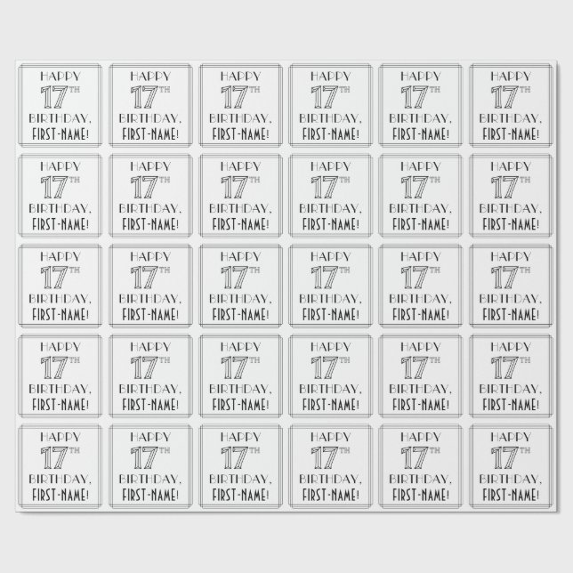 Papier Cadeau HEUREUX 17E ANNIVERSAIRE ; Style Art Déco ; Nom pe (Plat)