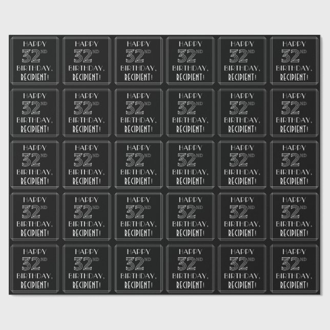 Papier Cadeau HEUREUX 32E ANNIVERSAIRE ; Style Art Déco avec nom (Plat)