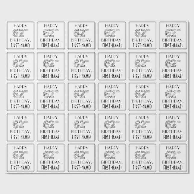 Papier Cadeau HEUREUX 62E ANNIVERSAIRE ; Style Art Déco ; Nom pe (Plat)