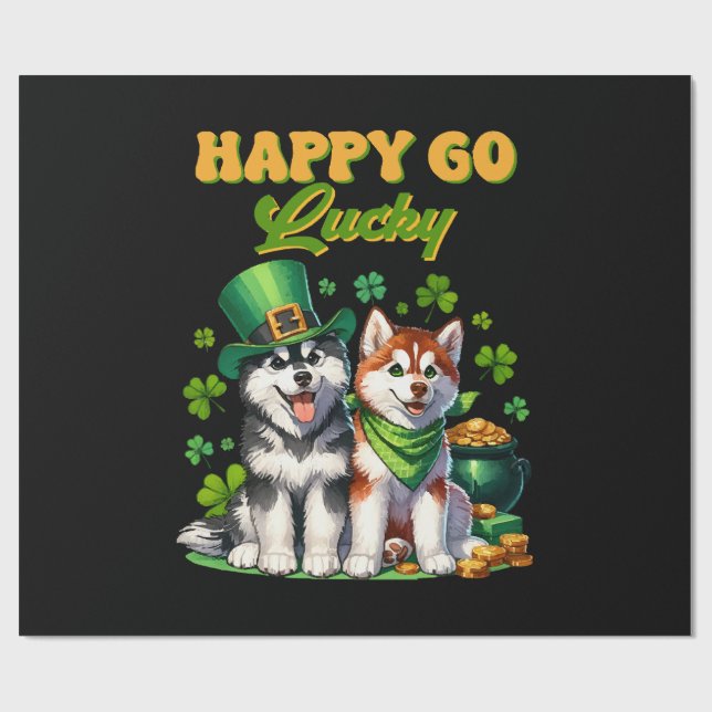 Papier Cadeau Heureux au Hasard Toutou Husky Mignon St. Patrick (Plat)