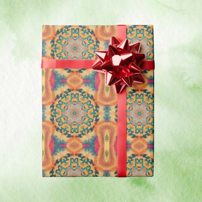 Papier Cadeau Hex Mandala orange et bleu (Orange and Blue Hexagon Mandala Wrapping Paper by Wormhole Orbital)