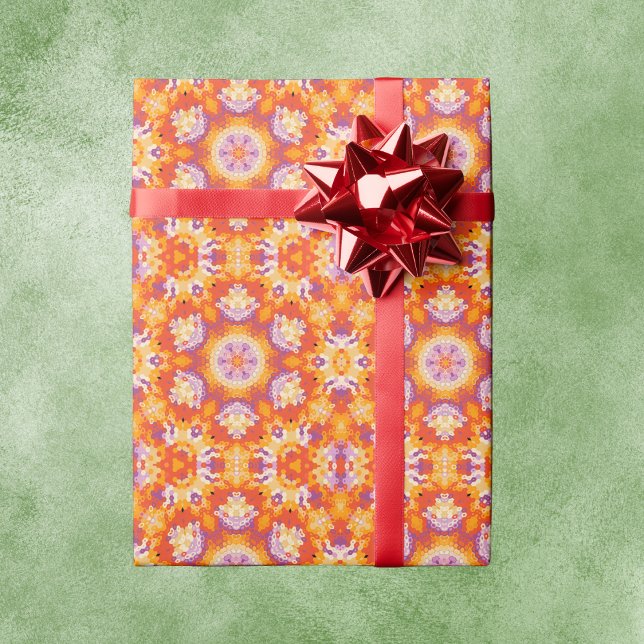 Papier Cadeau Hex Mandala orange violet blanc (Orange Purple and White Hexagon Mandala Wrapping Paper by Wormhole Orbital)
