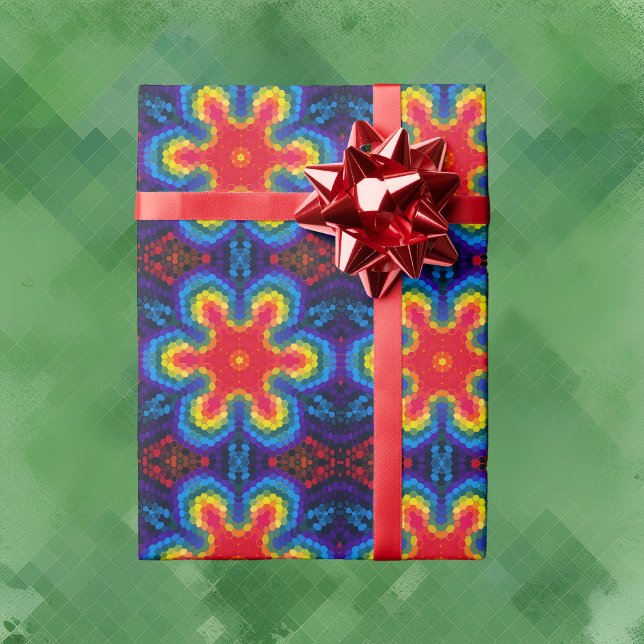 Papier Cadeau Hex Mandala rouge jaune et bleu (Créateur téléchargé)