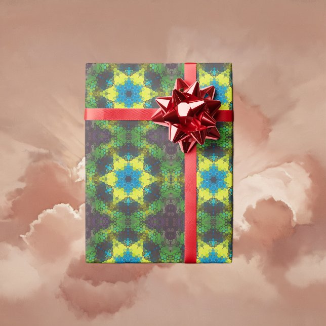 Papier Cadeau Hex Mandala vert jaune et bleu (Green and Blue Hexagon Mandala Wrapping Paper By Wormhole Orbital)