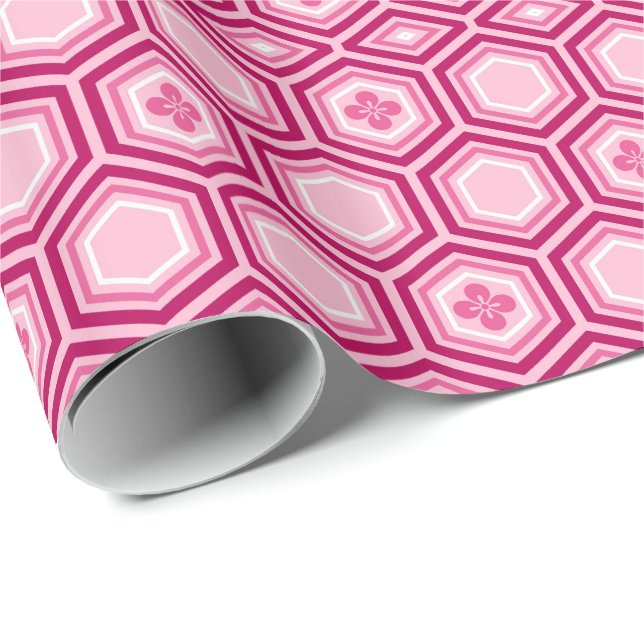 Papier Cadeau Hexagonal Kimono Imprimer, Bourgogne et rose (Coin rond)