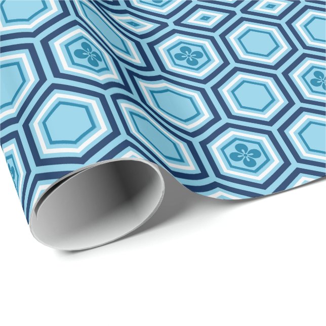 Papier Cadeau Hexagonal Kimono Imprimer, Marine et Bleu clair (Coin rond)