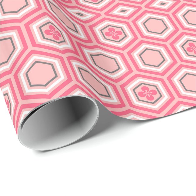 Papier Cadeau Hexagonal Kimono Print, Coral rose et blanc (Coin rond)