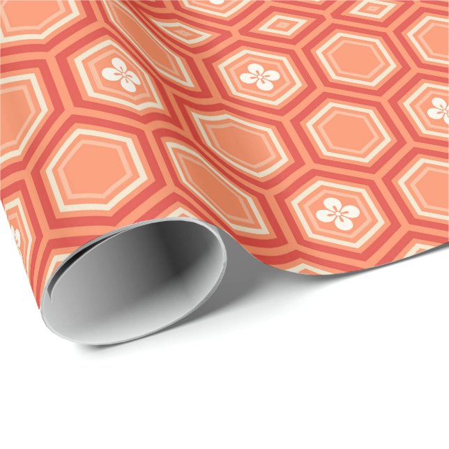 Papier Cadeau Hexagonal Kimono Print, Mandarin Orange (Coin rond)
