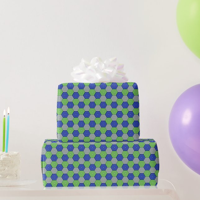 Papier Cadeau Hexagones imbriqués bleus, gris et verts (Cadeaux de fête)