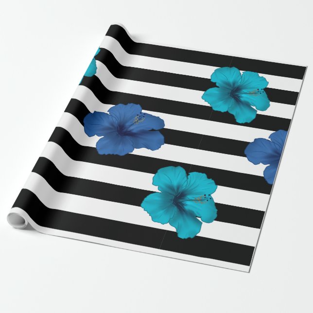 Papier Cadeau Hibiscus bleu moderne Grandes Blancs Noirs (Déroulé)