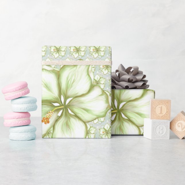 Papier Cadeau Hibiscus & dentelle BLANC (Baby Shower)