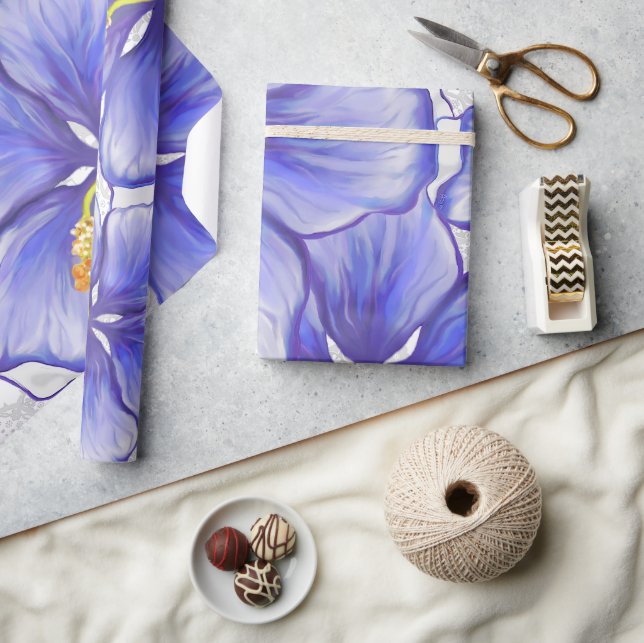 Papier Cadeau Hibiscus & dentelle BLEU (Artisanat)