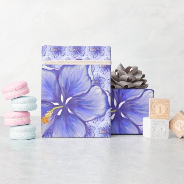 Papier Cadeau Hibiscus & dentelle BLEU (Baby Shower)