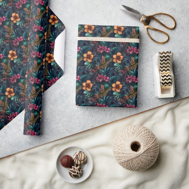Papier Cadeau Hibiscus et feuilles tropicales foncés  (Artisanat)