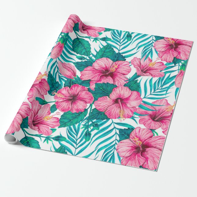 Papier Cadeau Hibiscus et palmiers feuilles (Déroulé)