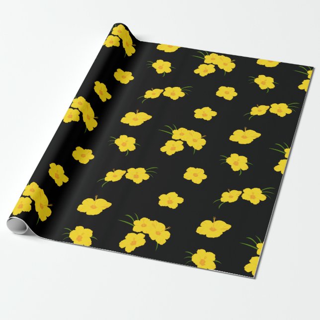 Papier Cadeau Hibiscus jaune exotique sur noir (Déroulé)