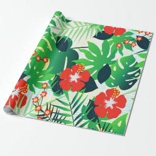 Papier Cadeau Hibiscus Orange Tropical Feuilles de Monstera Vert