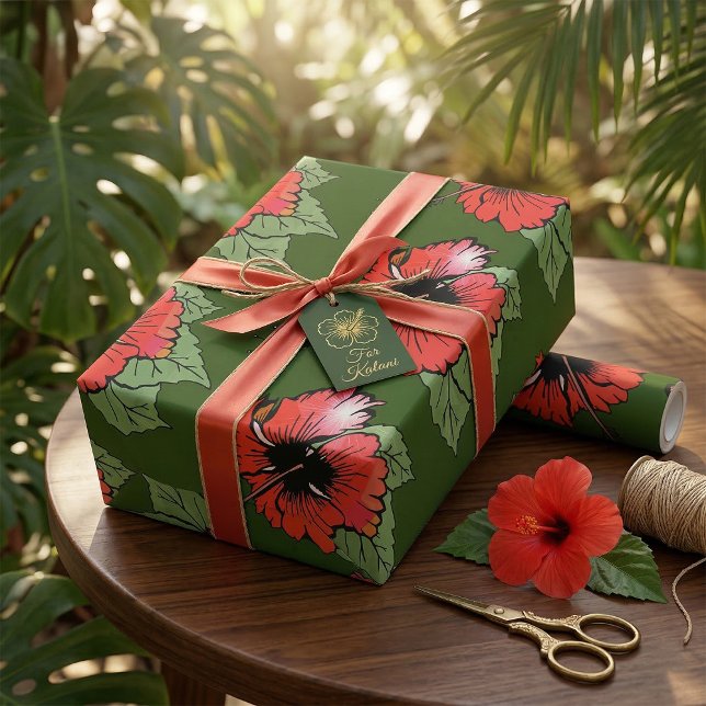 Papier Cadeau Hibiscus rouge tropical avec Feuilles verts (Créateur téléchargé)