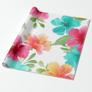 Papier Cadeau Hibiscus tropical coloré floral plage hawaïenne