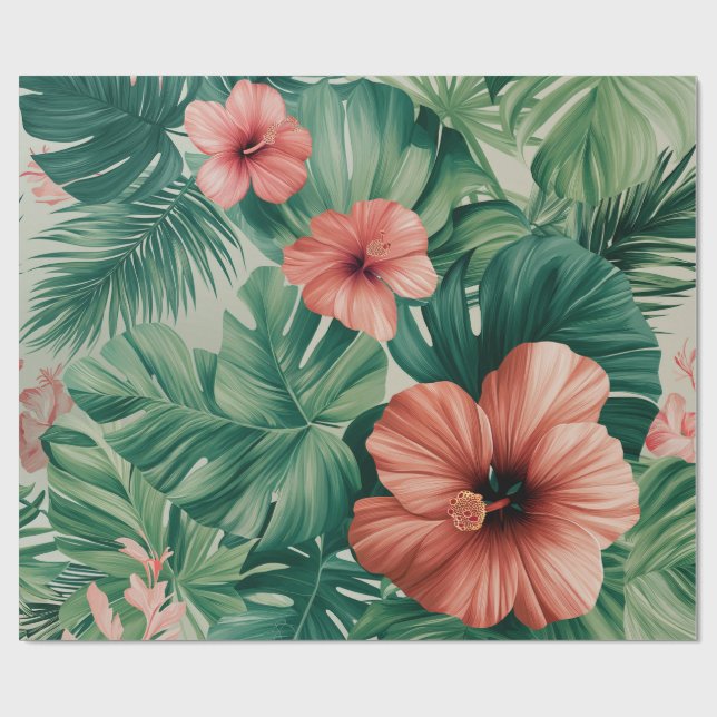Papier Cadeau Hibiscus tropical et Monstera (Plat)