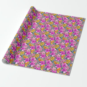 Papier Cadeau Hibiscus tropical, feuilles de palmiers, géométriq