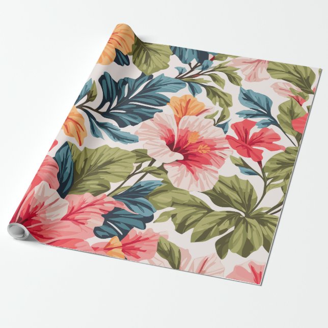 Papier Cadeau Hibiscus Tropical Fleurs Élégance (Déroulé)