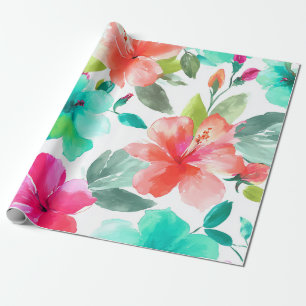 Papier Cadeau Hibiscus Tropical Hawaïen Floral de Plage Coloré