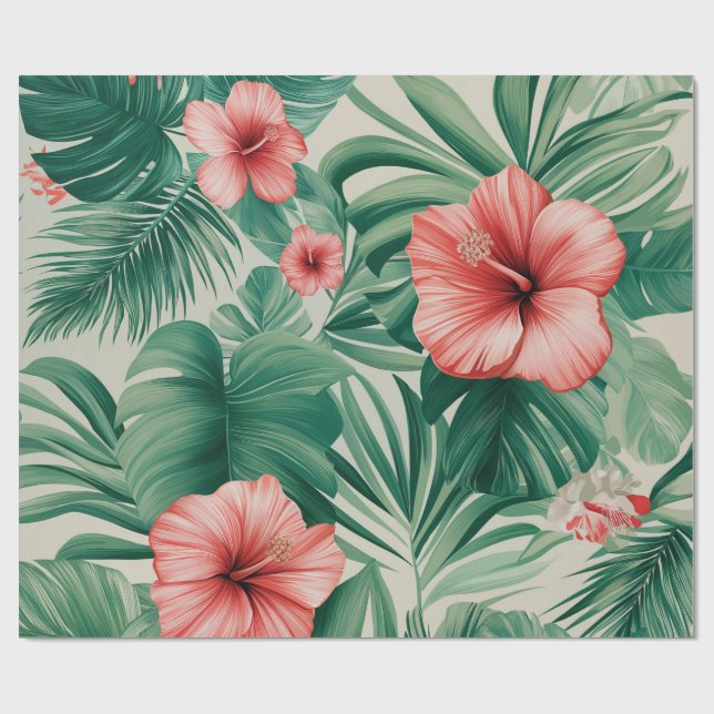 Papier Cadeau Hibiscus Tropical & Monstera (Plat)