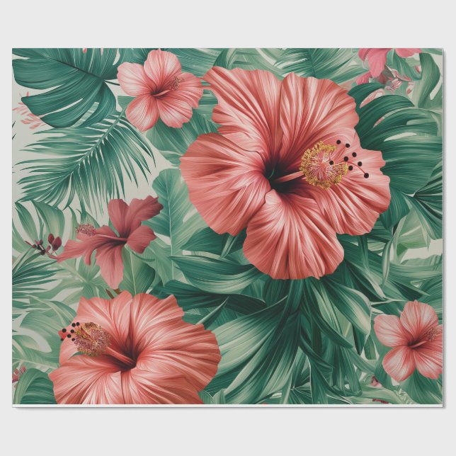 Papier Cadeau Hibiscus Tropical & Monstera (Plat)