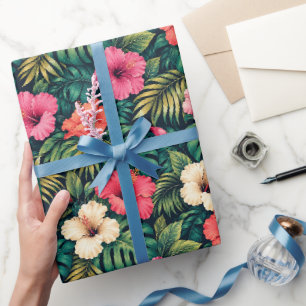 Papier Cadeau Hibiscus tropical vibrant et Monstera